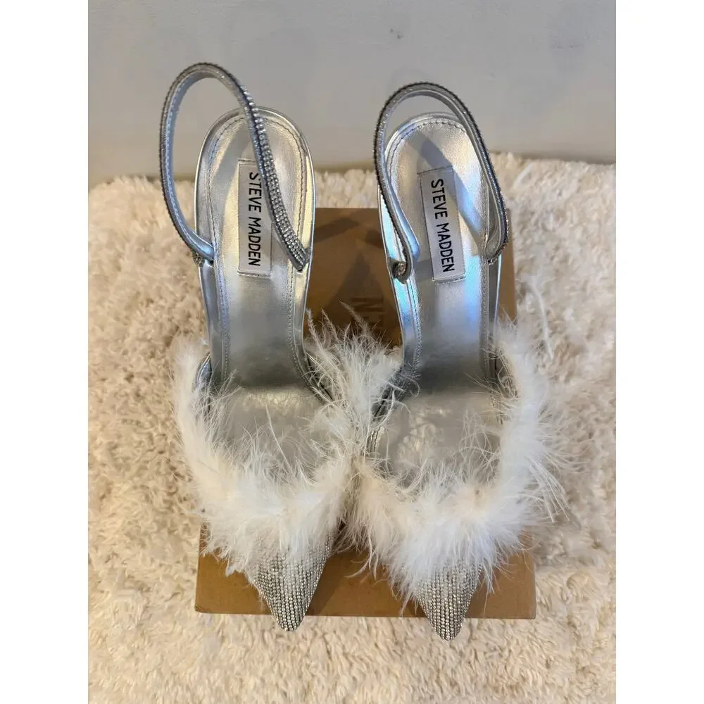 Steve Madden Silver Rhinestone Slingback Pumps with White Feather Trim Size 11 - Picture 6 of 9